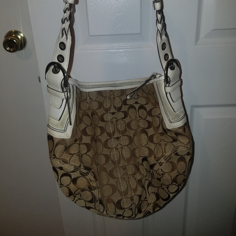 Signature Print Coach Bag White Leather